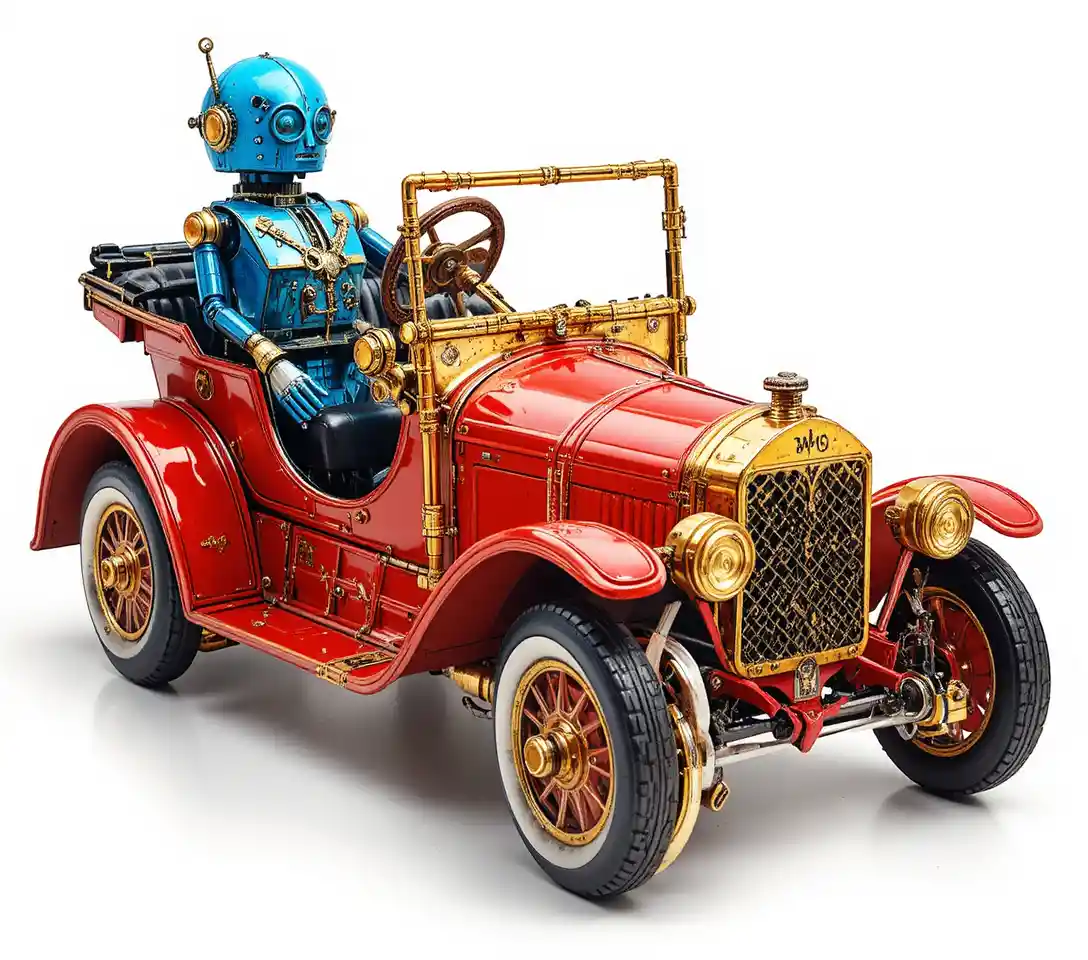 Vintage toy car and robot collectible on white background