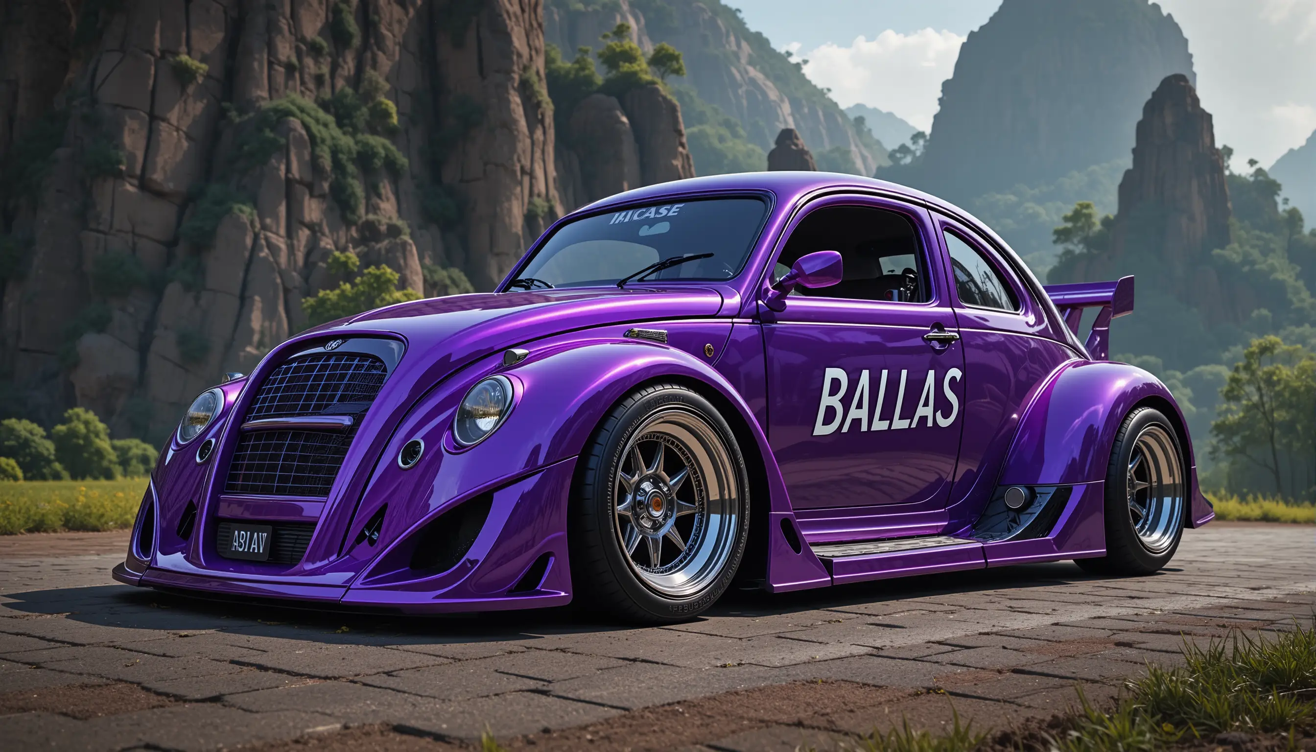 Extreme close up of glossy purple micro car with spoiler