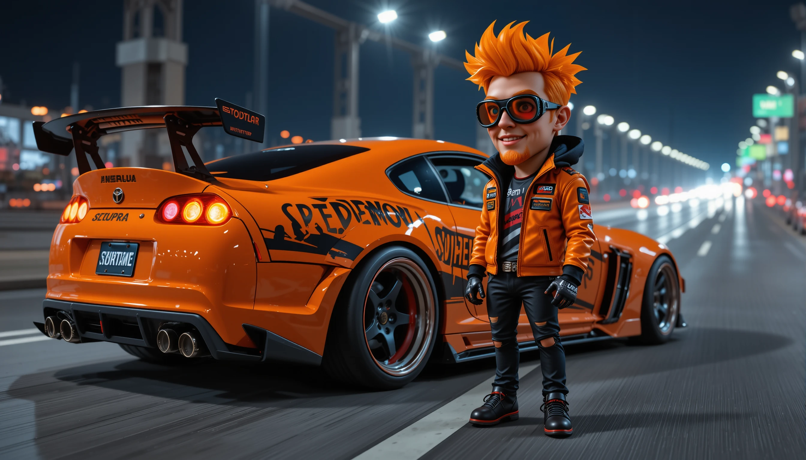 Stylized racer beside orange sports car at night