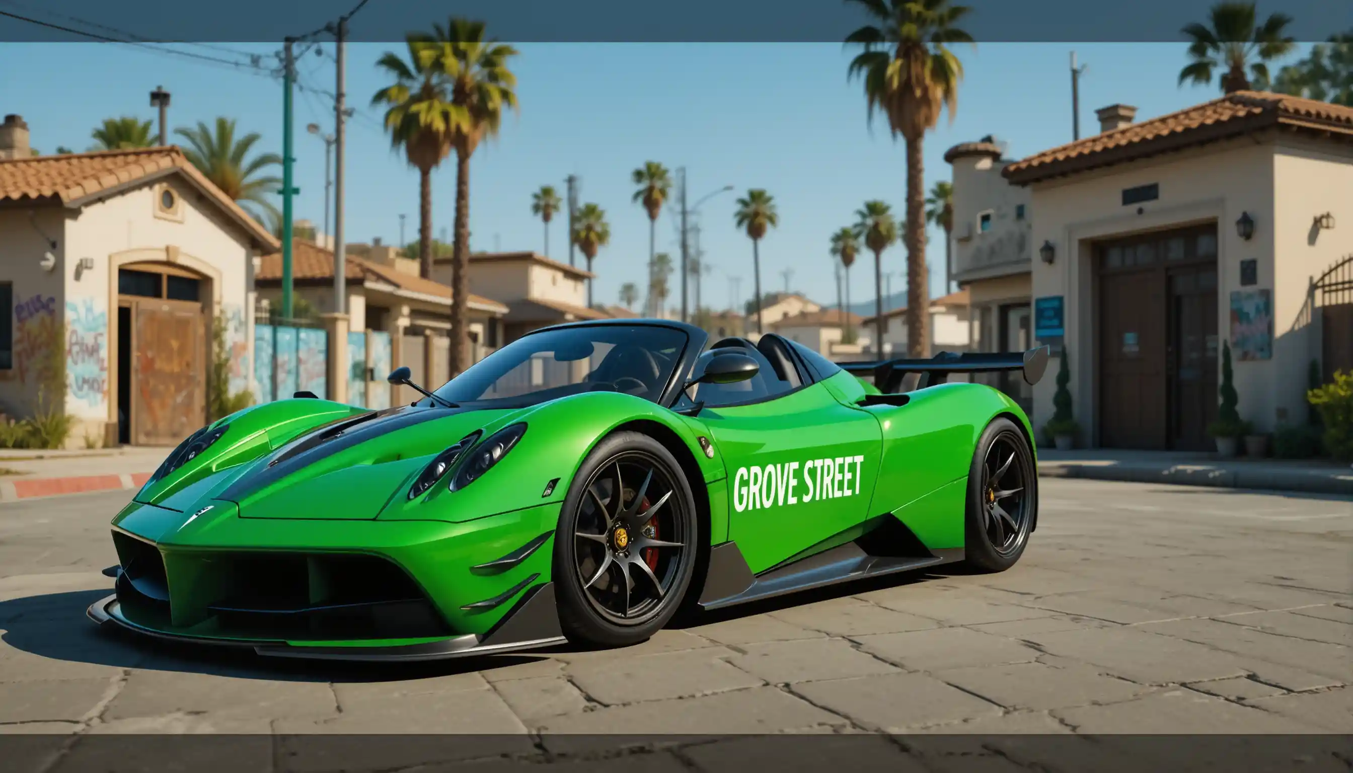 Auto sportiva verde widebody su una soleggiata strada urbana