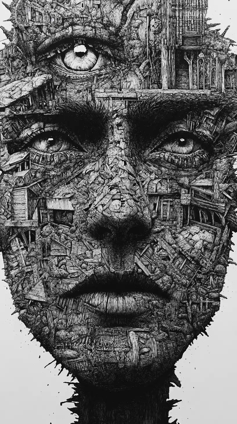 Surreal ink portrait of a fragmented mythic face collage