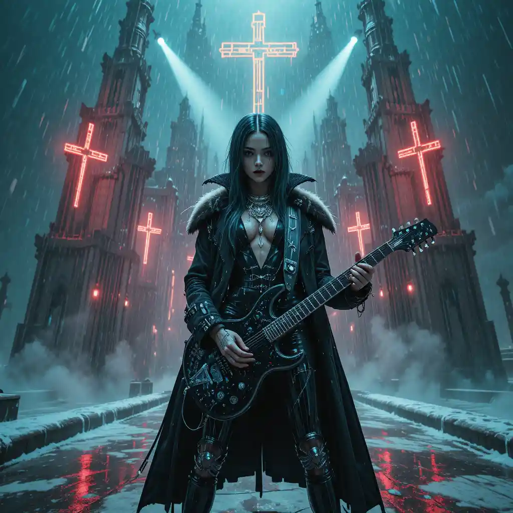 Cyberpunk guitarist on cathedral rooftop in radioactive storm