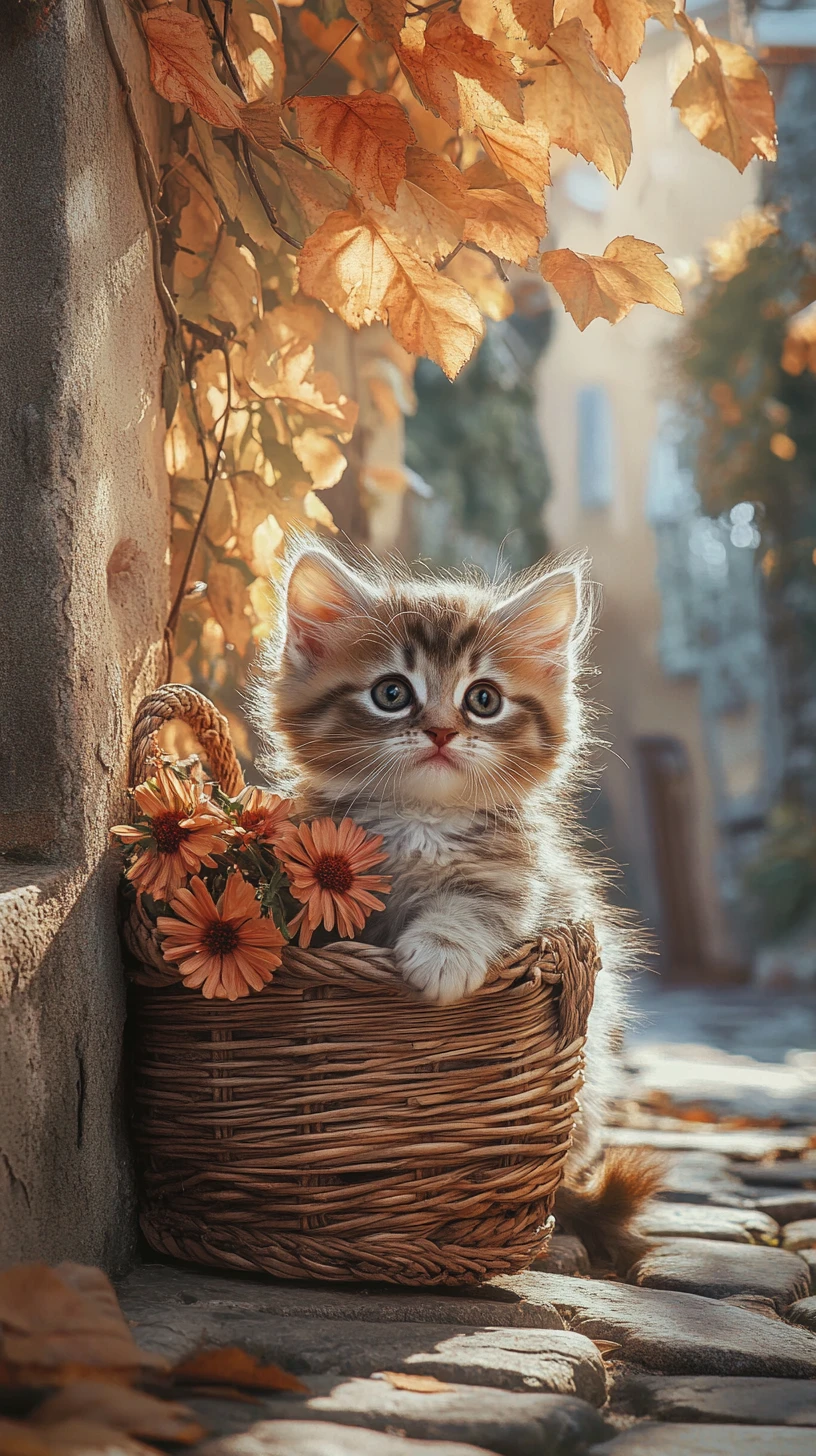 Tiny kitten in a flower basket on a cobblestone village path