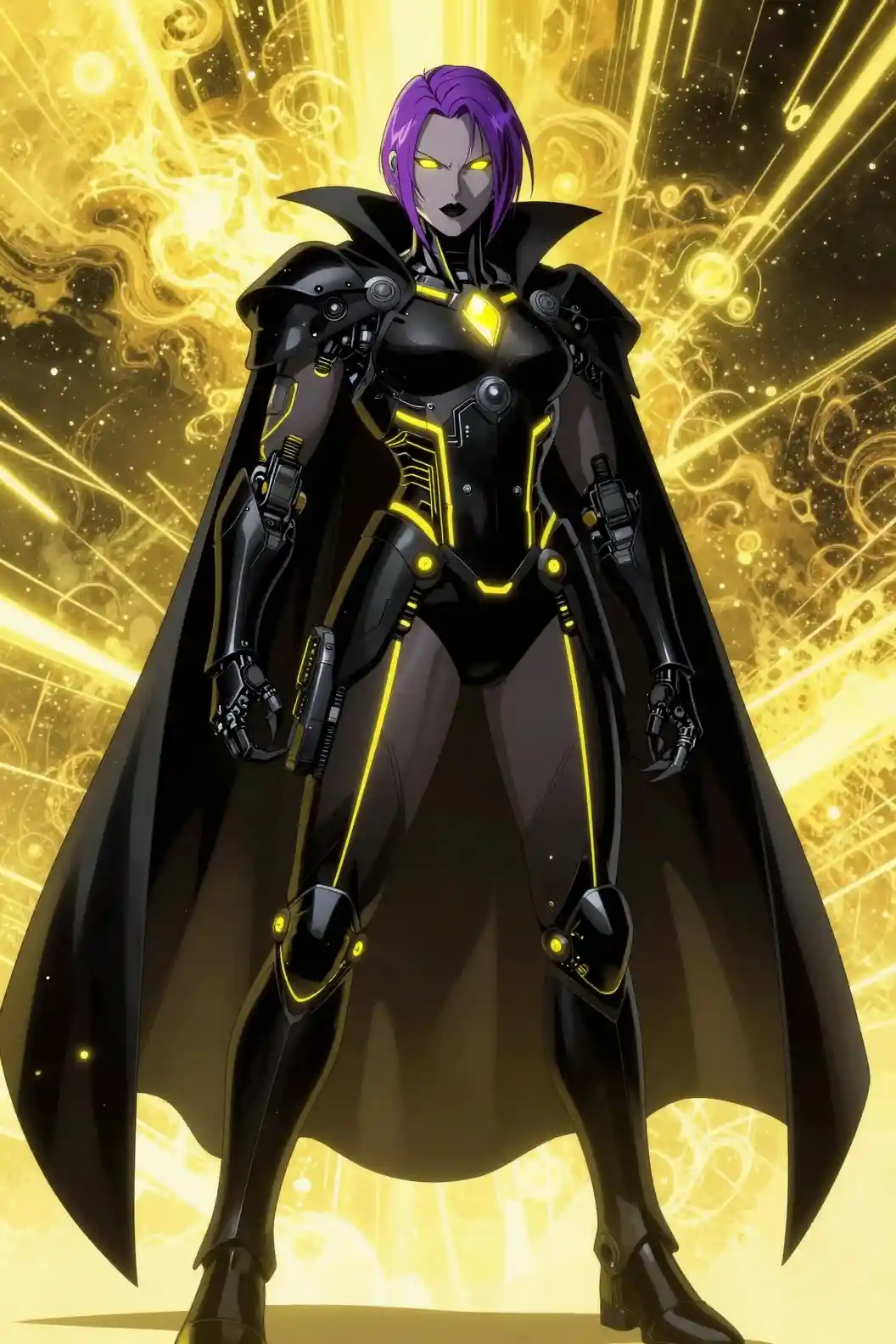Futuristic anime sorceress in black cyber knight armor