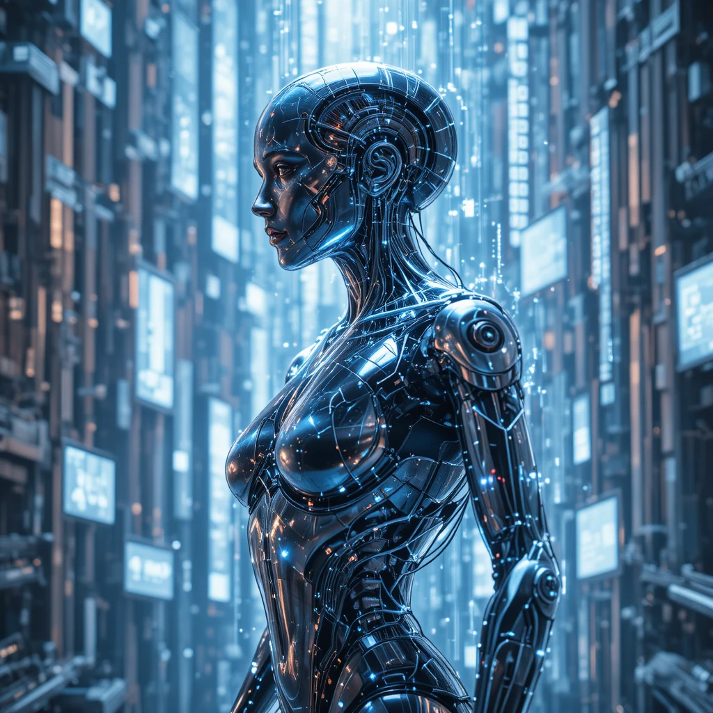 Humanoid AI robot forming from cascading holographic code