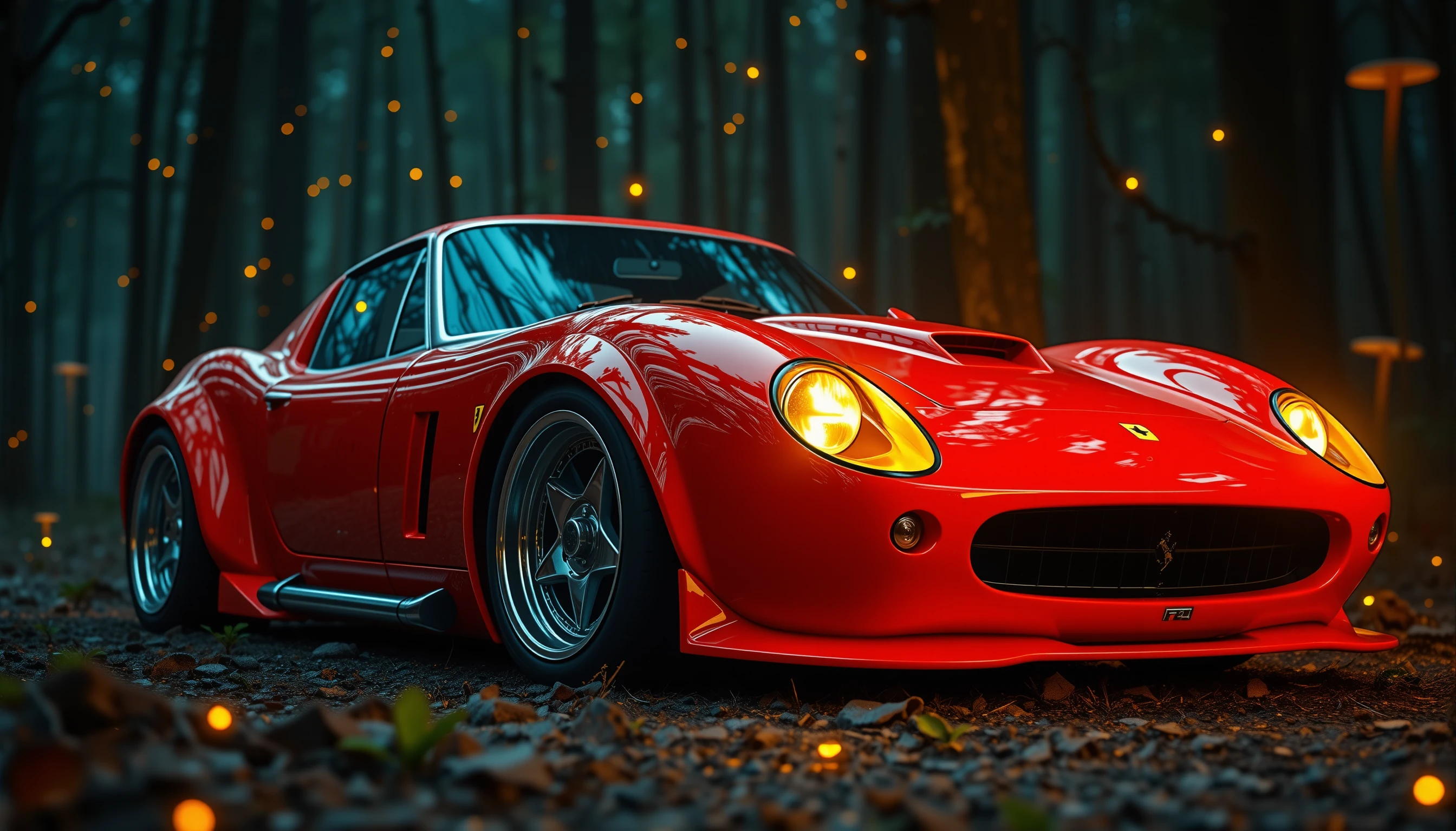 Photorealistic sports car in a glowing fantasy forest