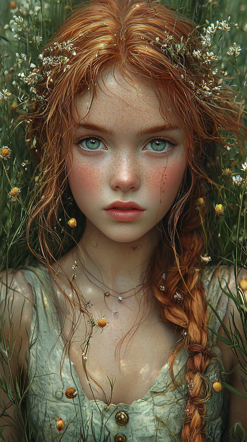 Cute girl in green dress holding a dandelion