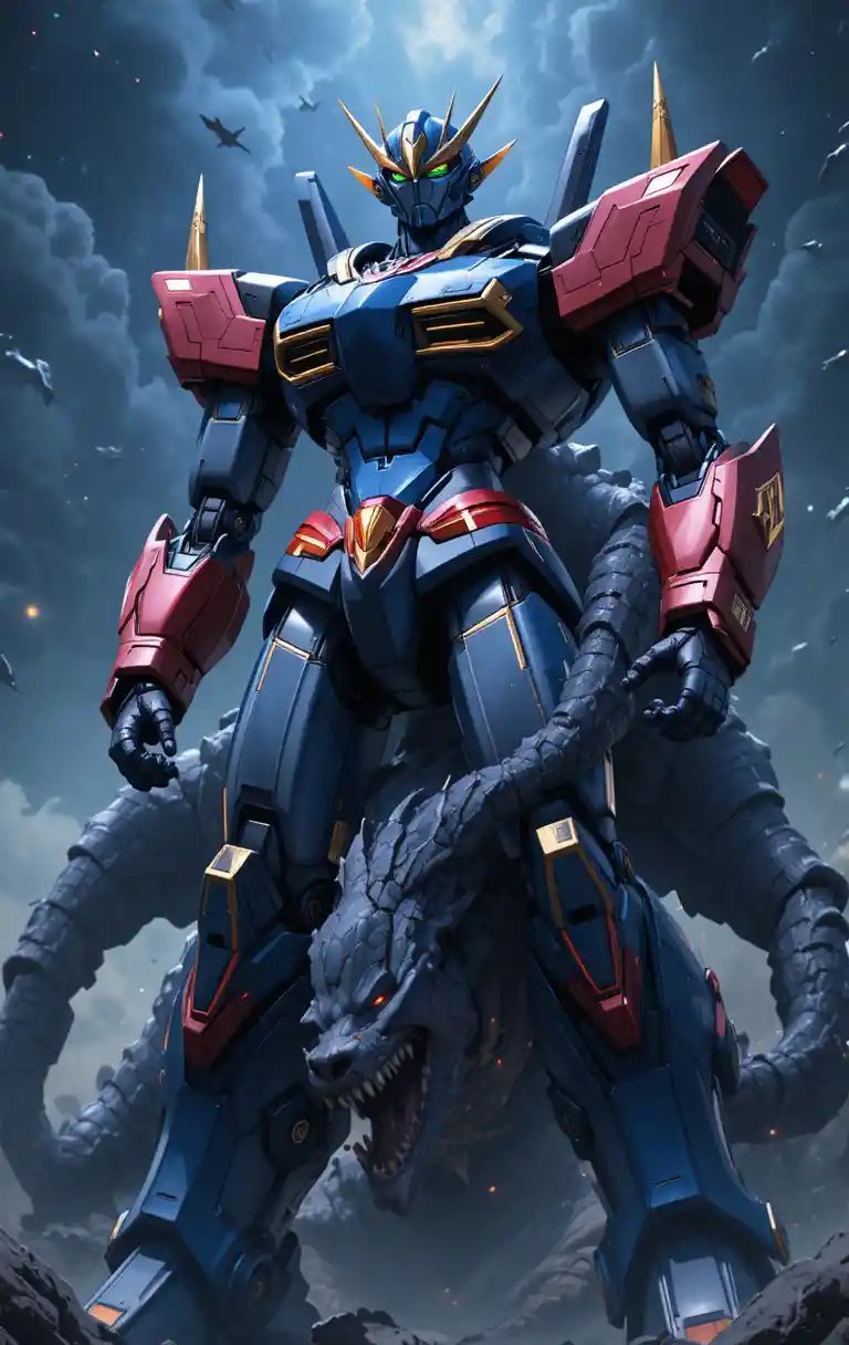 Sleek giant robot grapples with towering evil monster