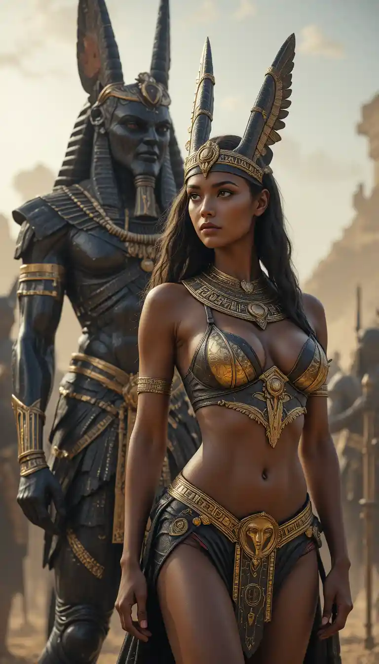 Egyptian warrior queen and Anubis leading mythic battle