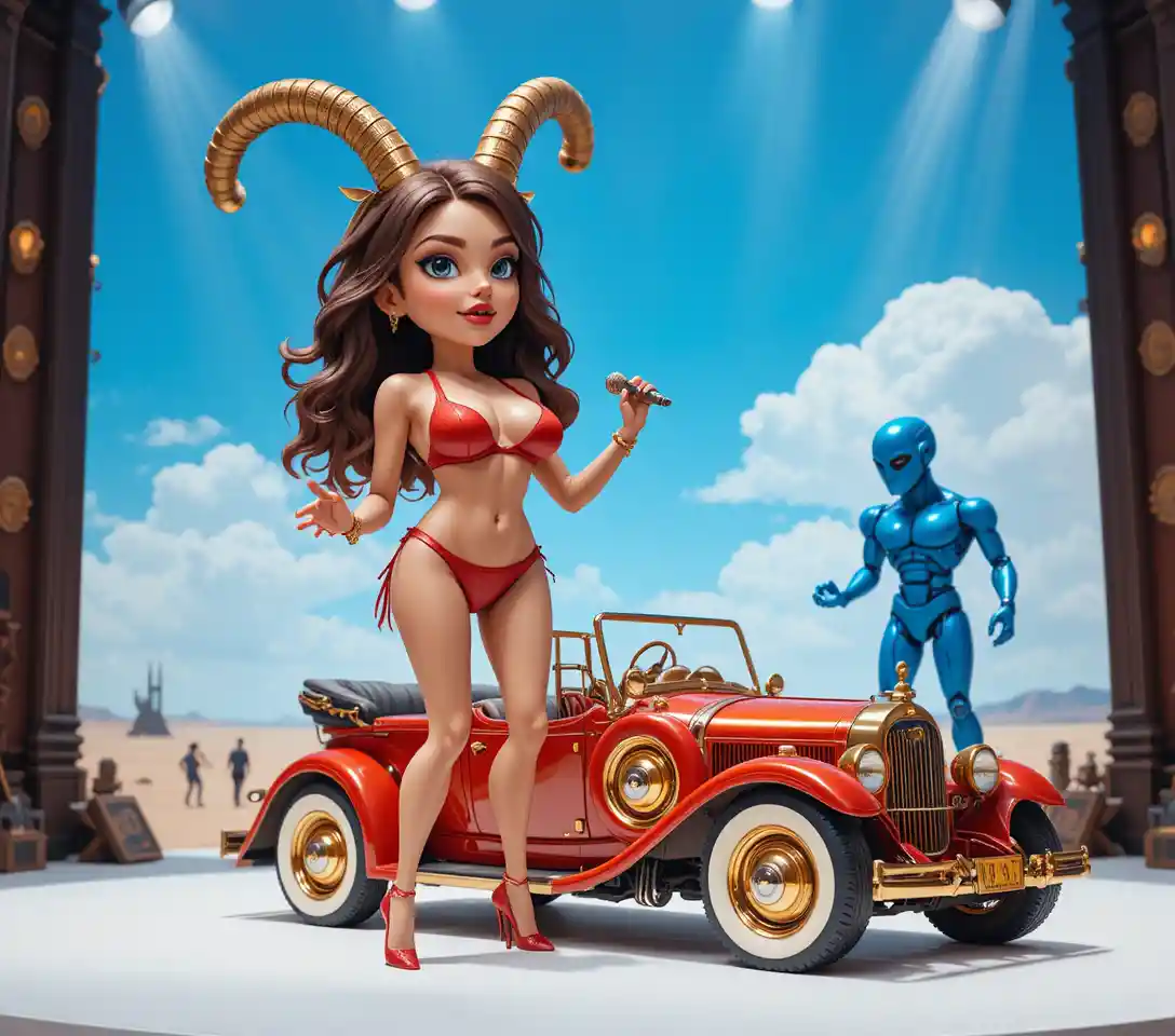 Vintage red toy car and robot on white background
