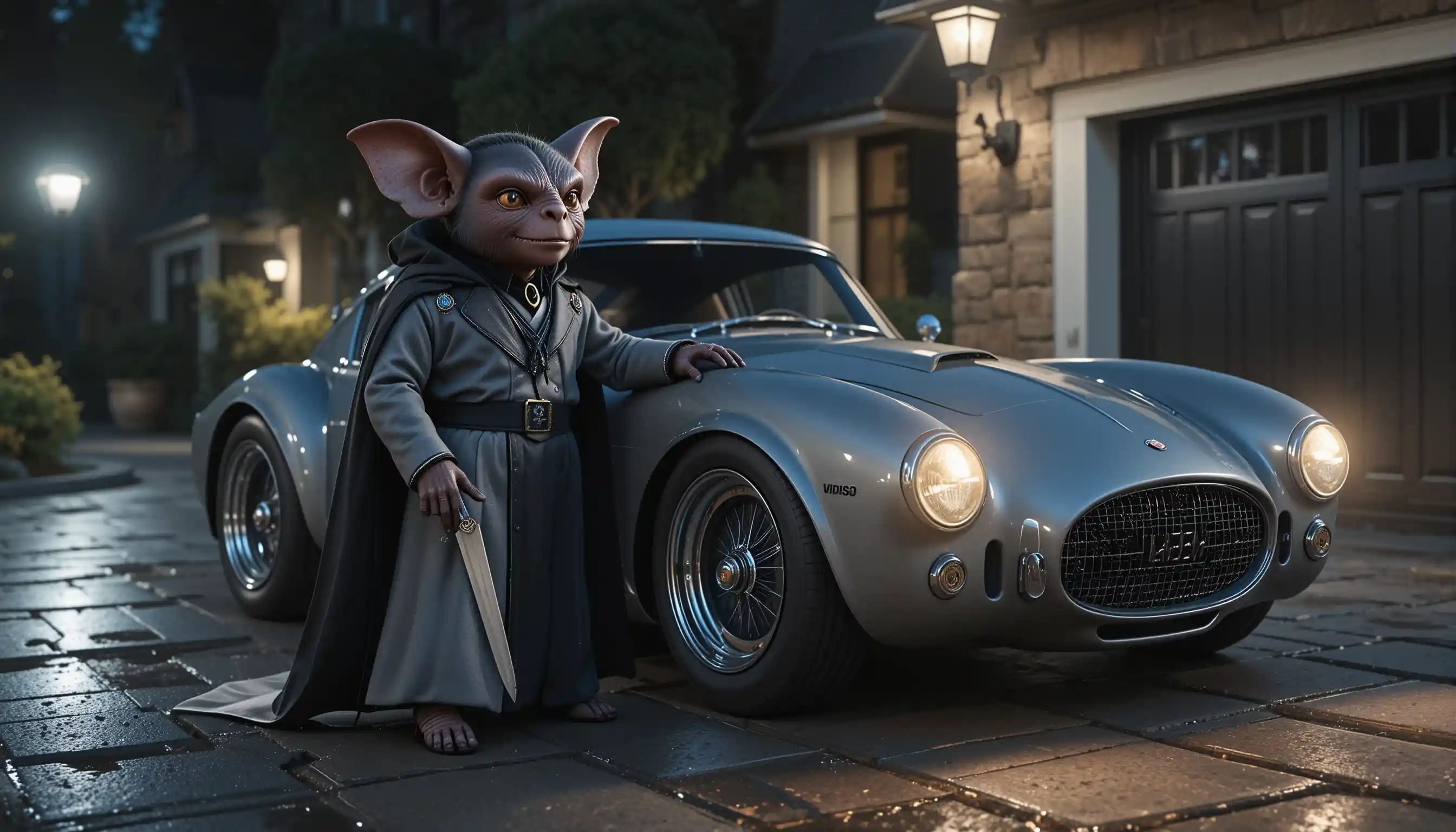 Anthropomorphic vampire bat beside vintage car at night