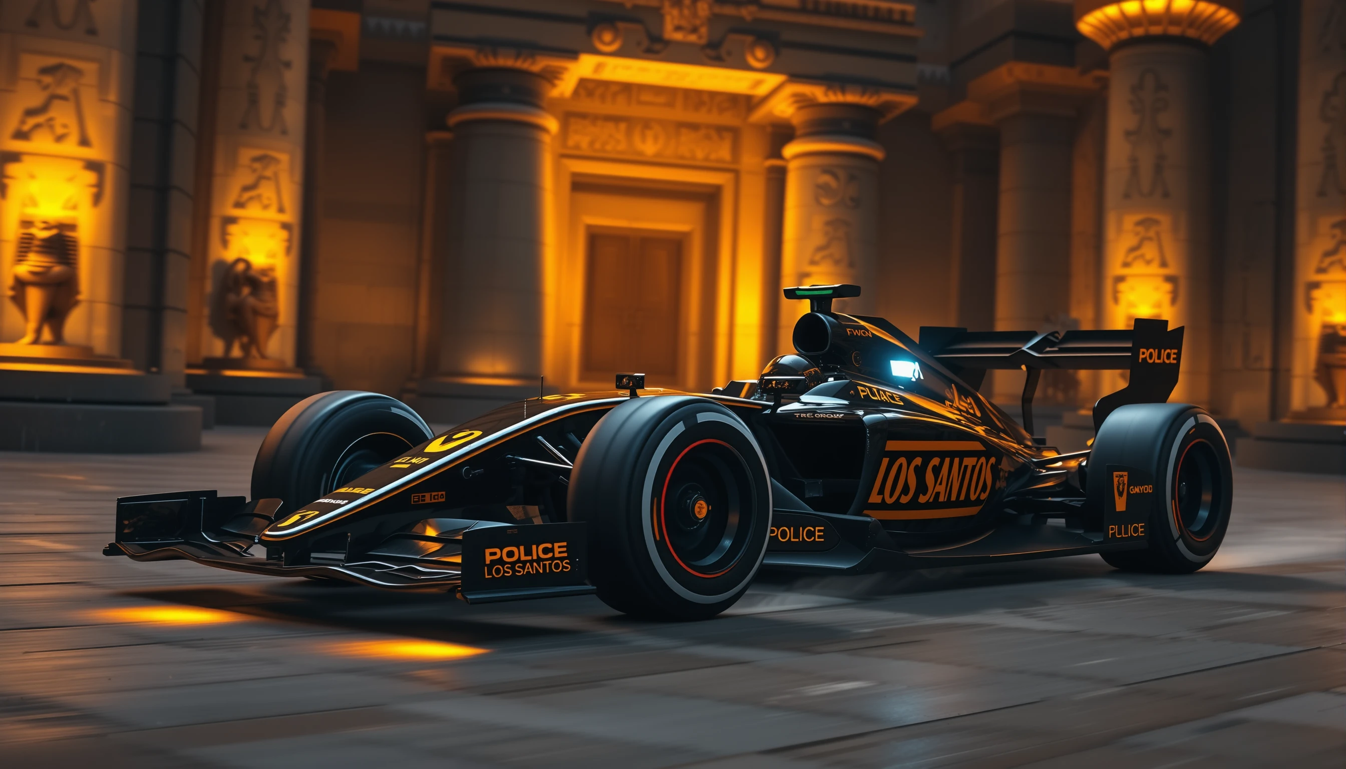Police style formula car racing through ancient temple