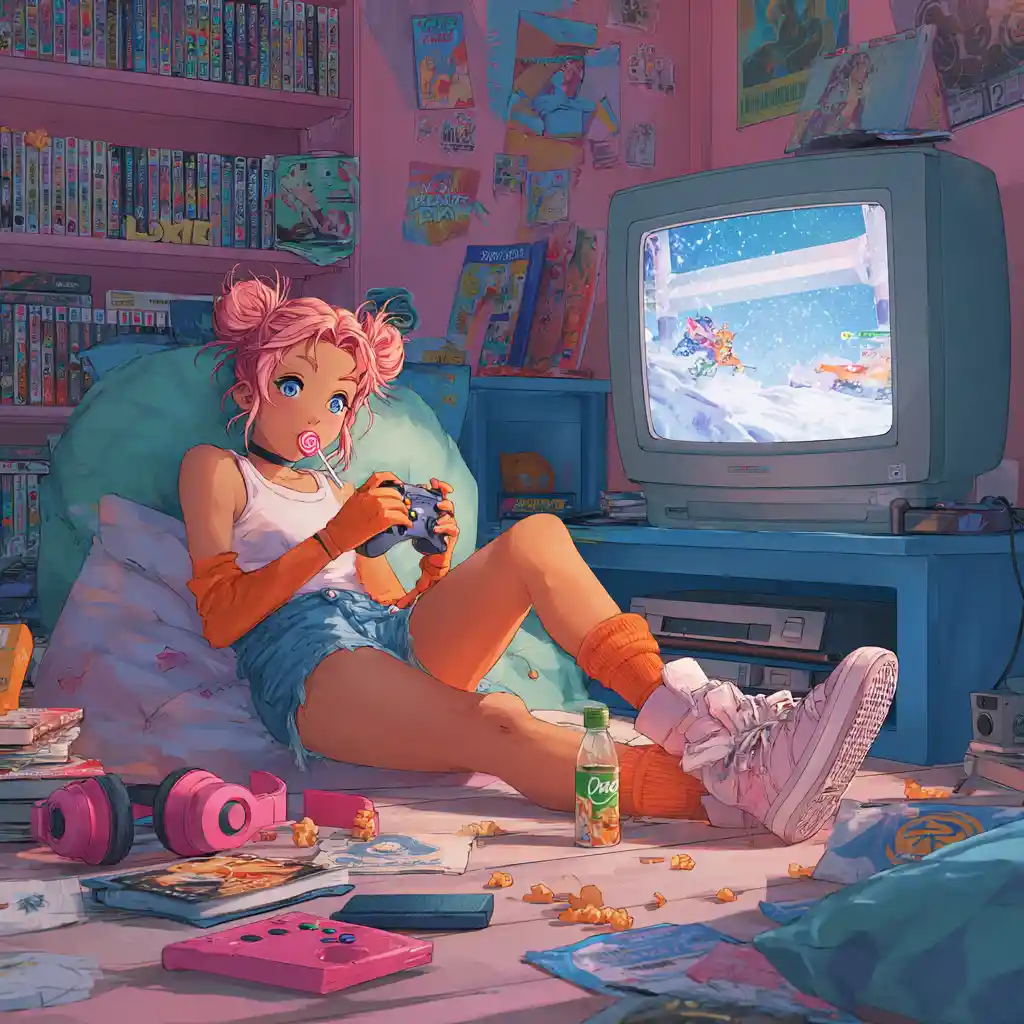 Relaxed anime gamer girl lounging by glowing crt television