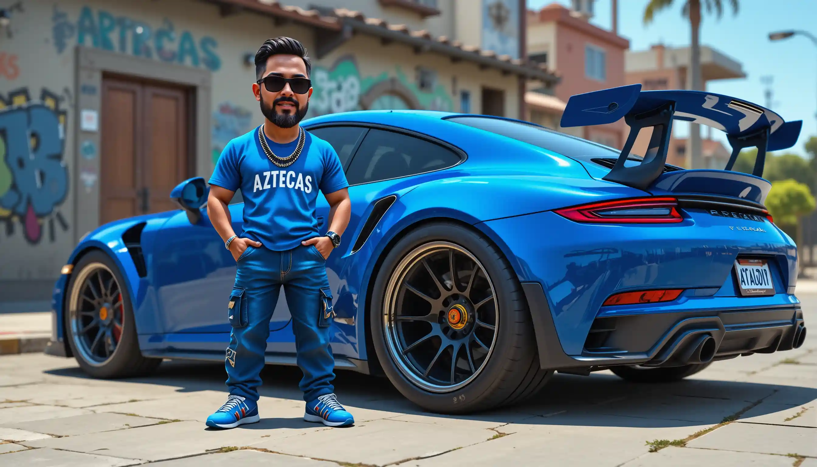 Stylized rapper posing beside blue widebody sports car