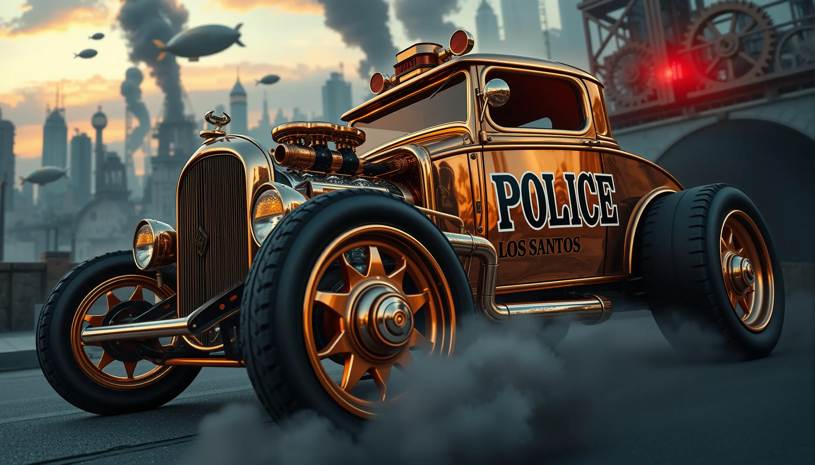 Copper and brass police hot rod in a floating city