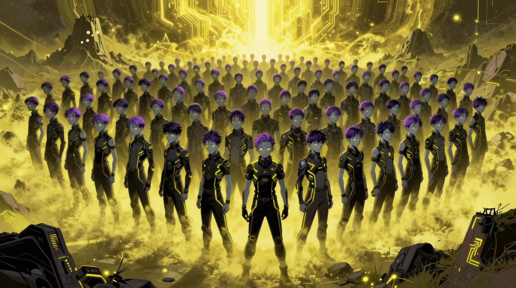 Vast Crowd Of Futuristic Boys Under Yellow Cosmic Sky