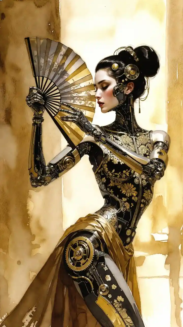 Steampunk cyborg geisha dancing with ornate metal fan