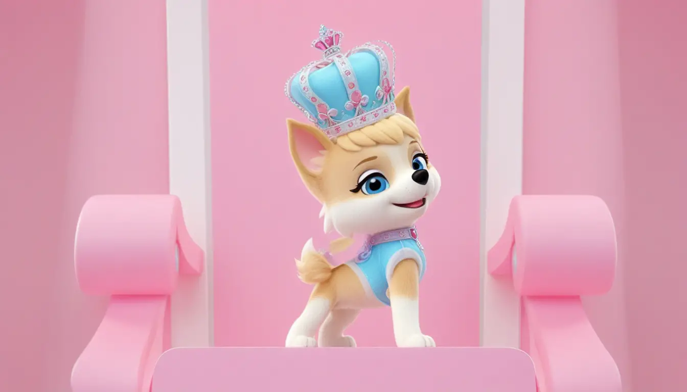 Cute princess dog mascot standing upright in widescreen frame