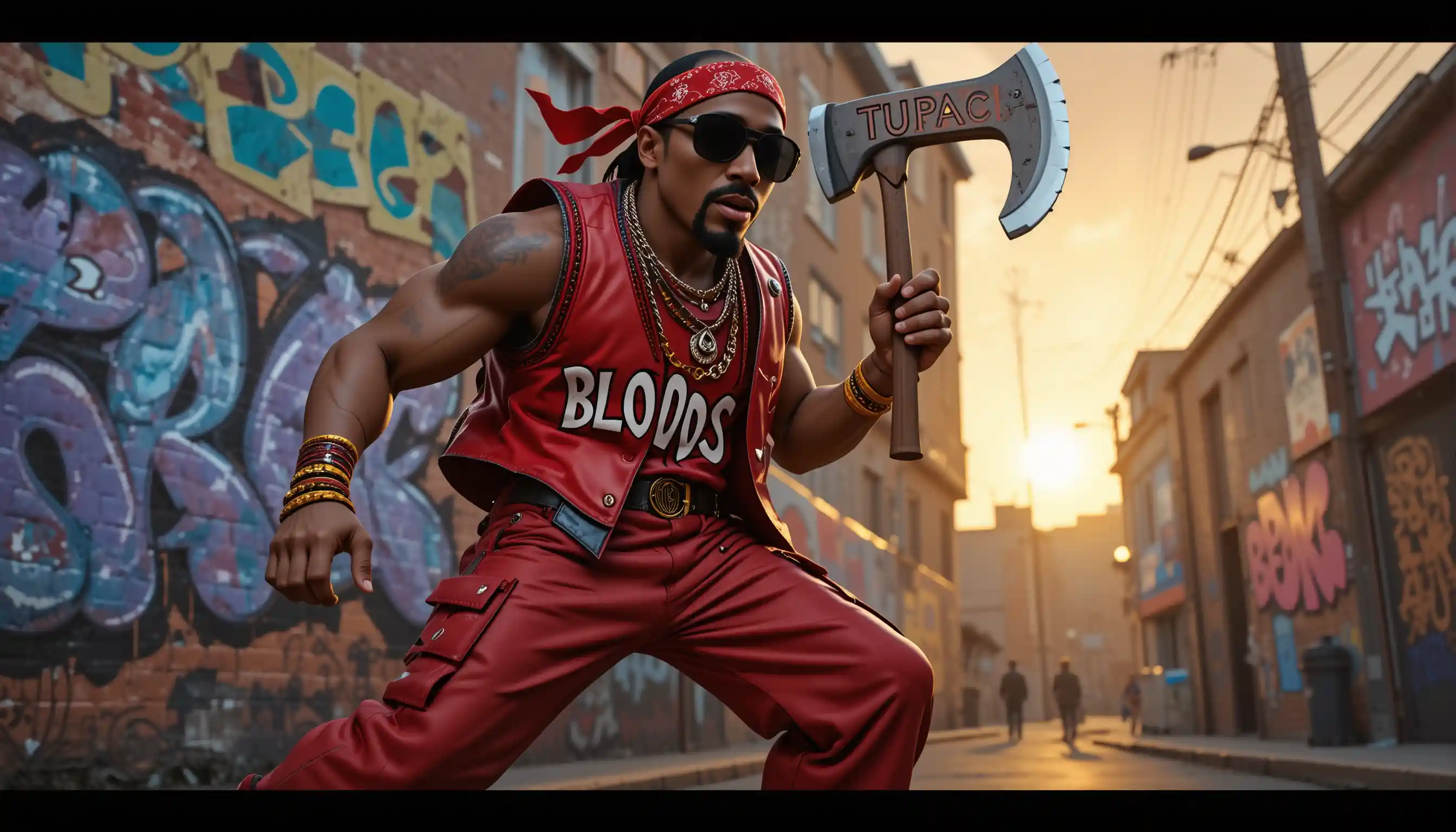 3D cartoon rapper with axe on gritty Compton street