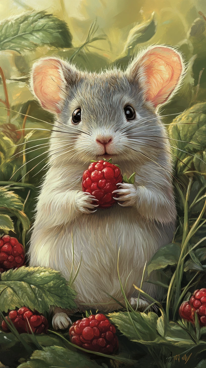 Joyful ferret holding a strawberry in summer grass