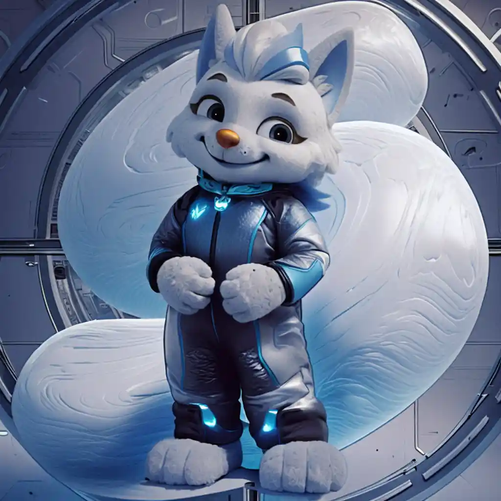 Full body mascot character posed in a widescreen frame