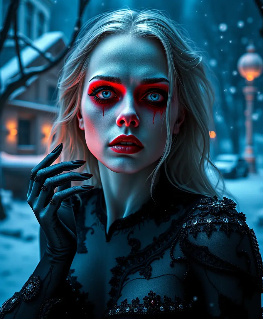 Eerie pale woman in a vivid popsurreal horror fantasy
