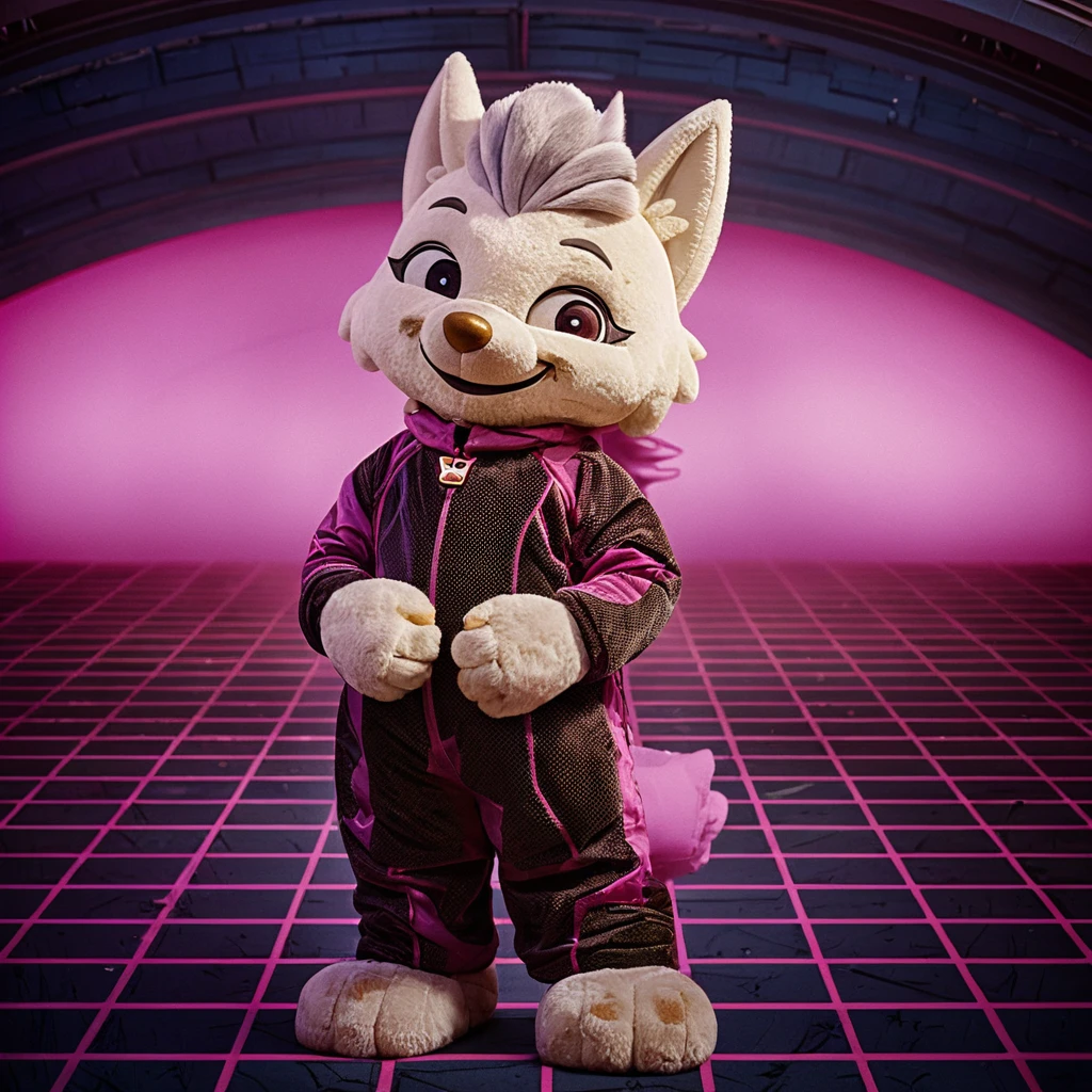 Cheerful camera mascot costume in a clean wide studio frame