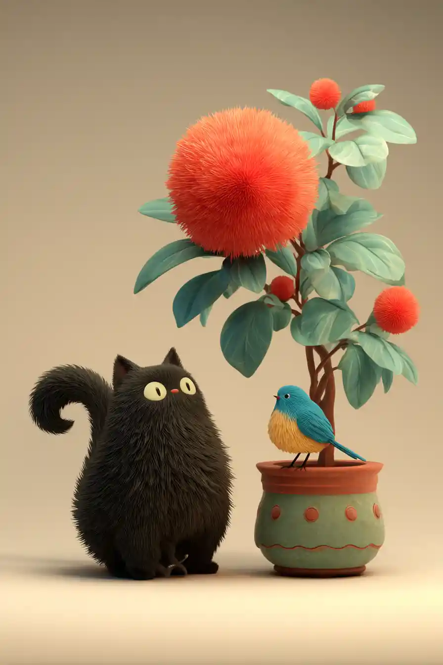 Neugierige schwarze Katze beobachtet blauen Vogel auf roter Blume