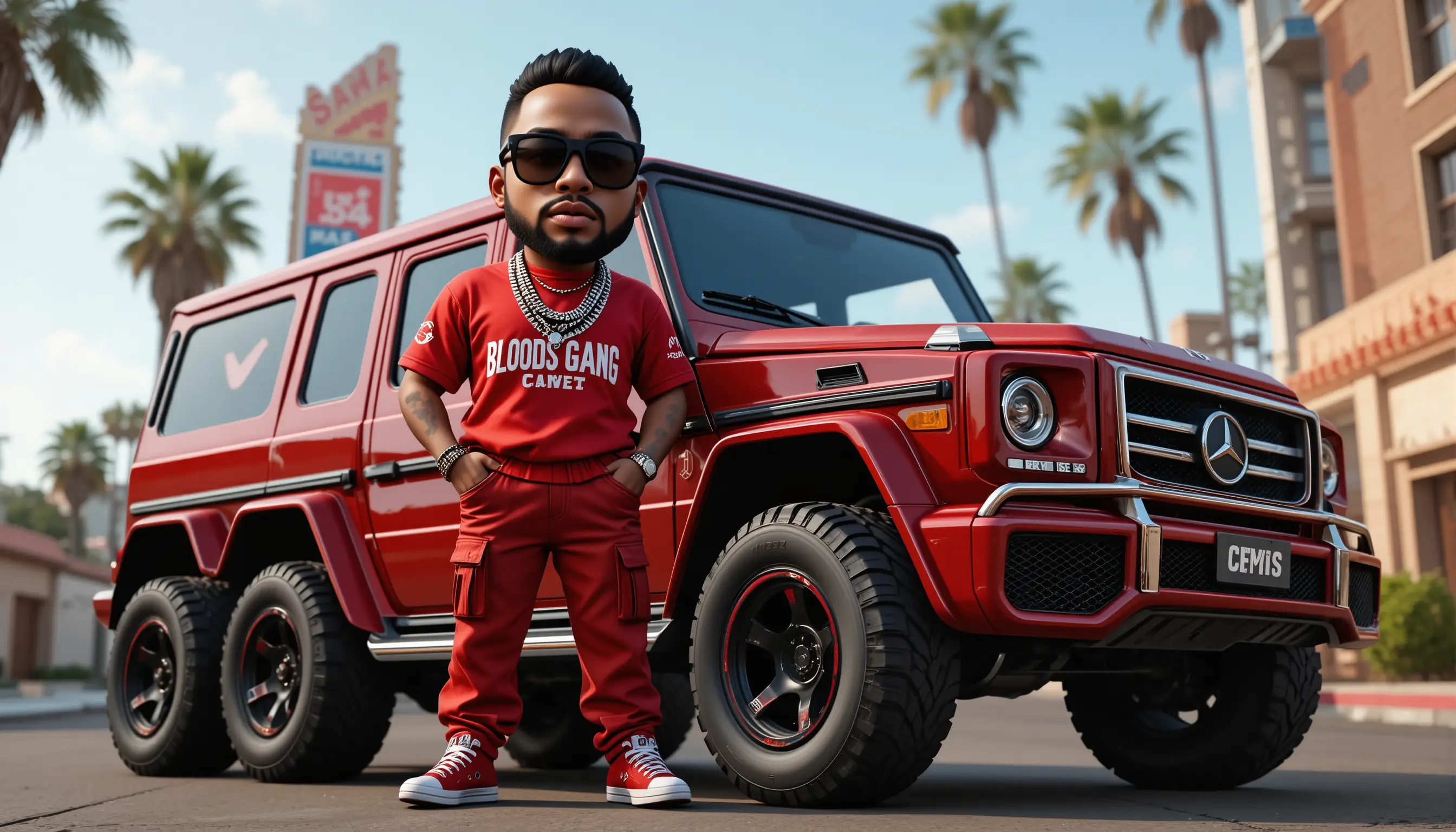 3D rapper beside armored suv on city street