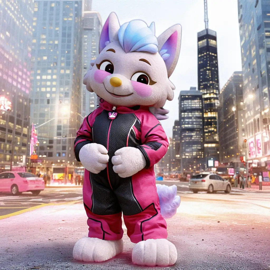 Smiling plush mascot costume in a clean widescreen frame