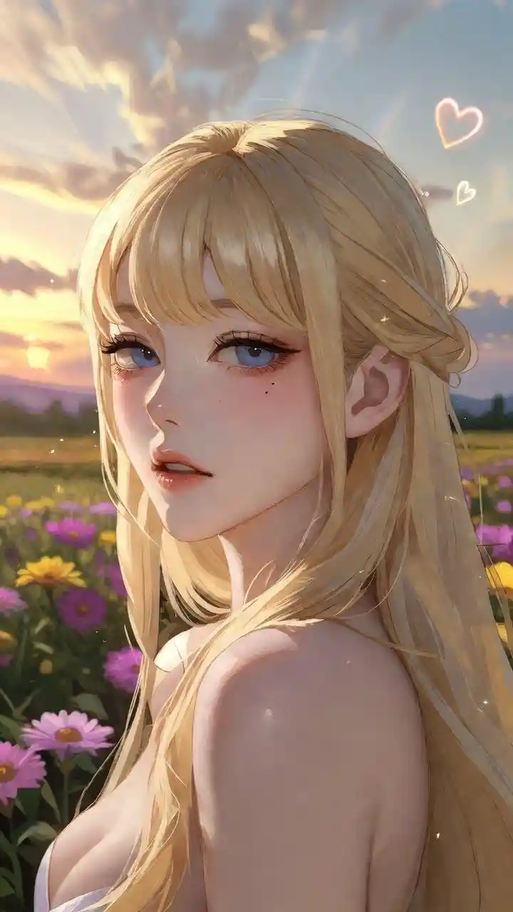 Anime girl in a sunset flower field with gentle romantic mood