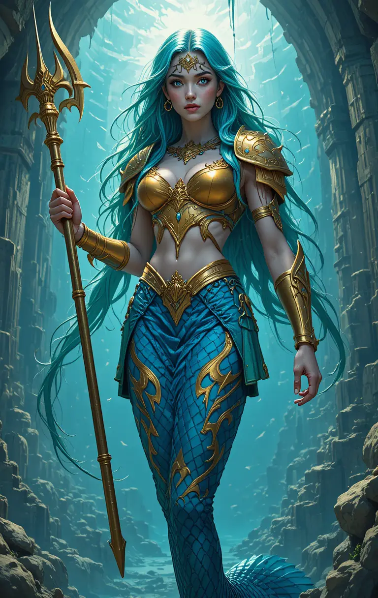 Mermaid warrior in golden armor in sunlit underwater ruins