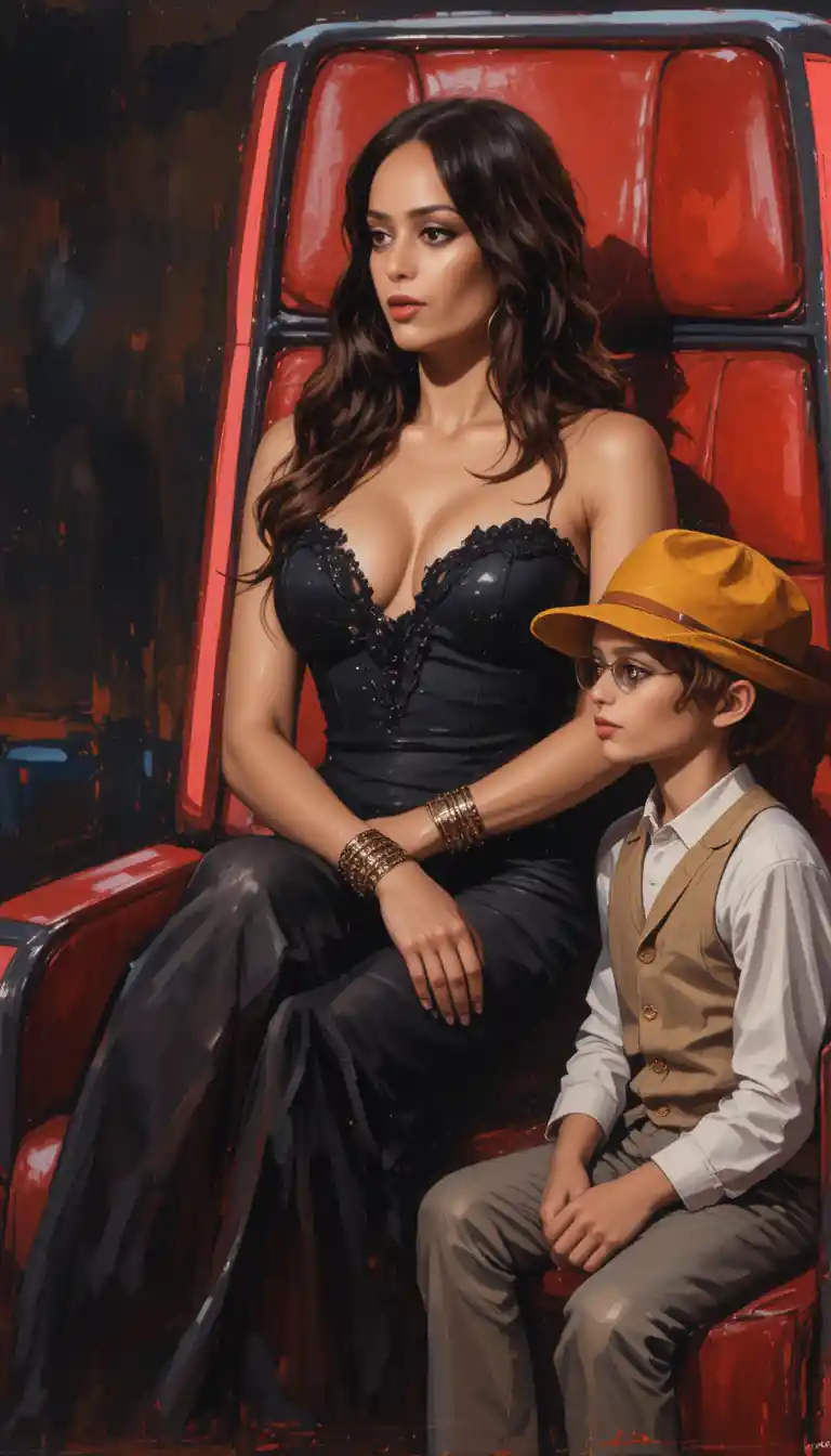 Serious woman and boy seated on dramatic red studio chair