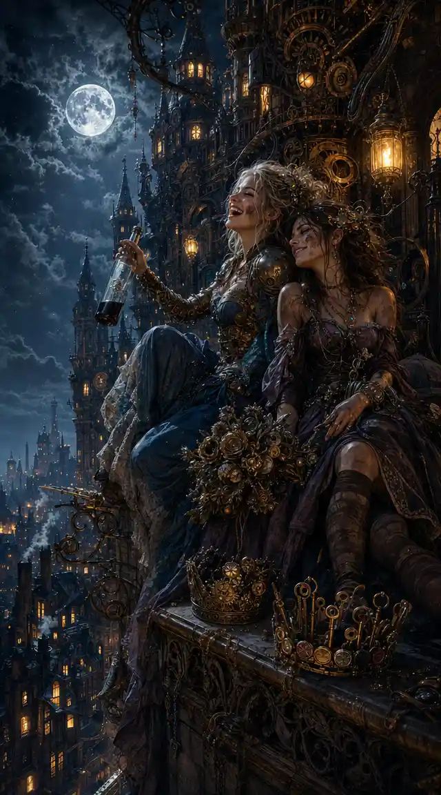 Two rebellious princesses on a midnight castle balcony