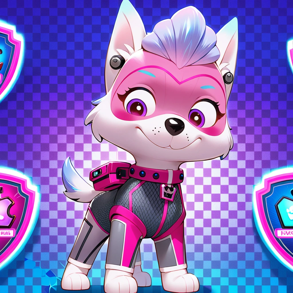 Smiling dog mascot girl standing inside her glowing portal