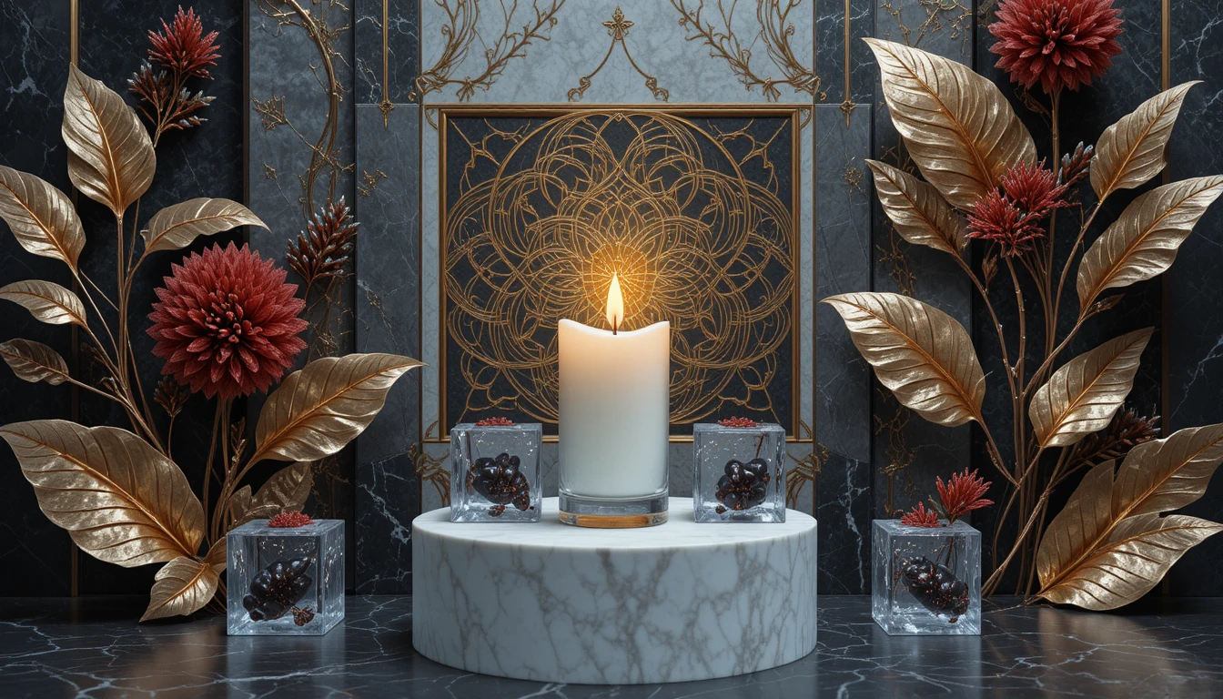 Lit candle on marble pedestal with abstract geometric leaves