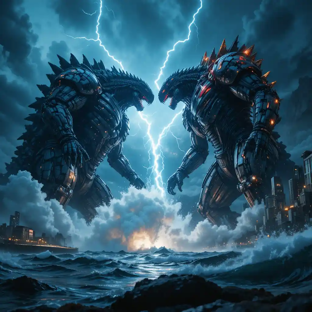 Colossal biomechanical kaiju rising from a stormy ocean