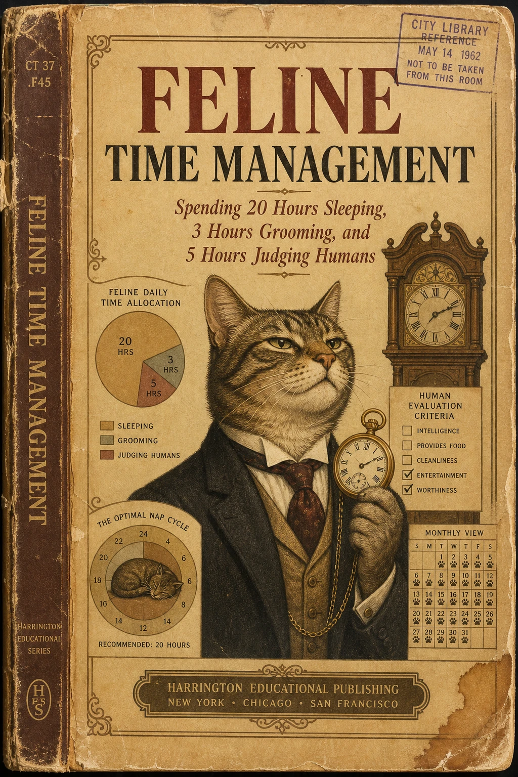 Vintage cat time management educational book cover design