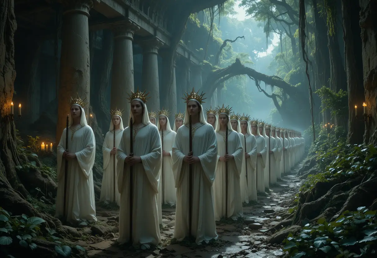 Initiates in white robes gather in an overgrown forest temple