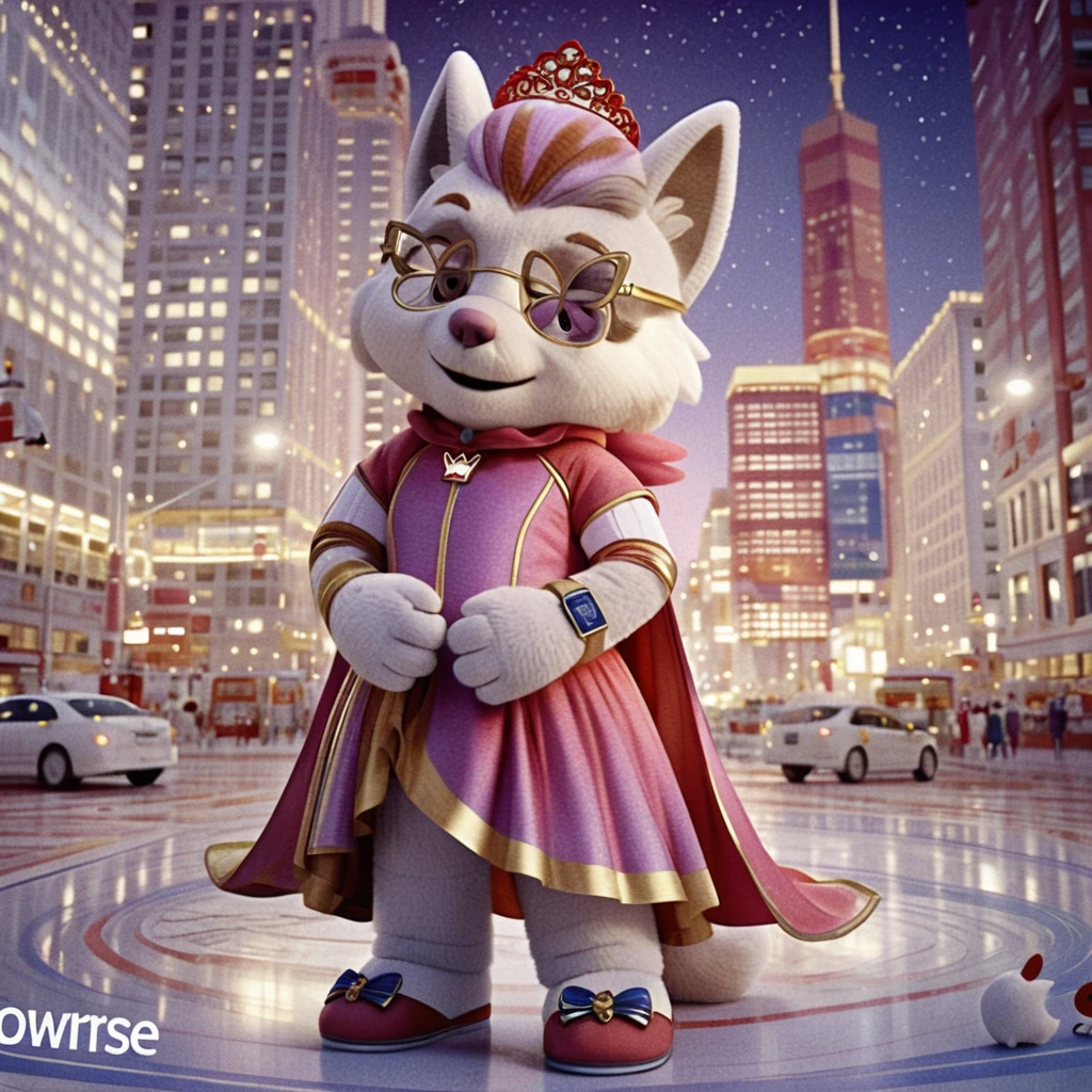 Full body mascot character standing in widescreen frame