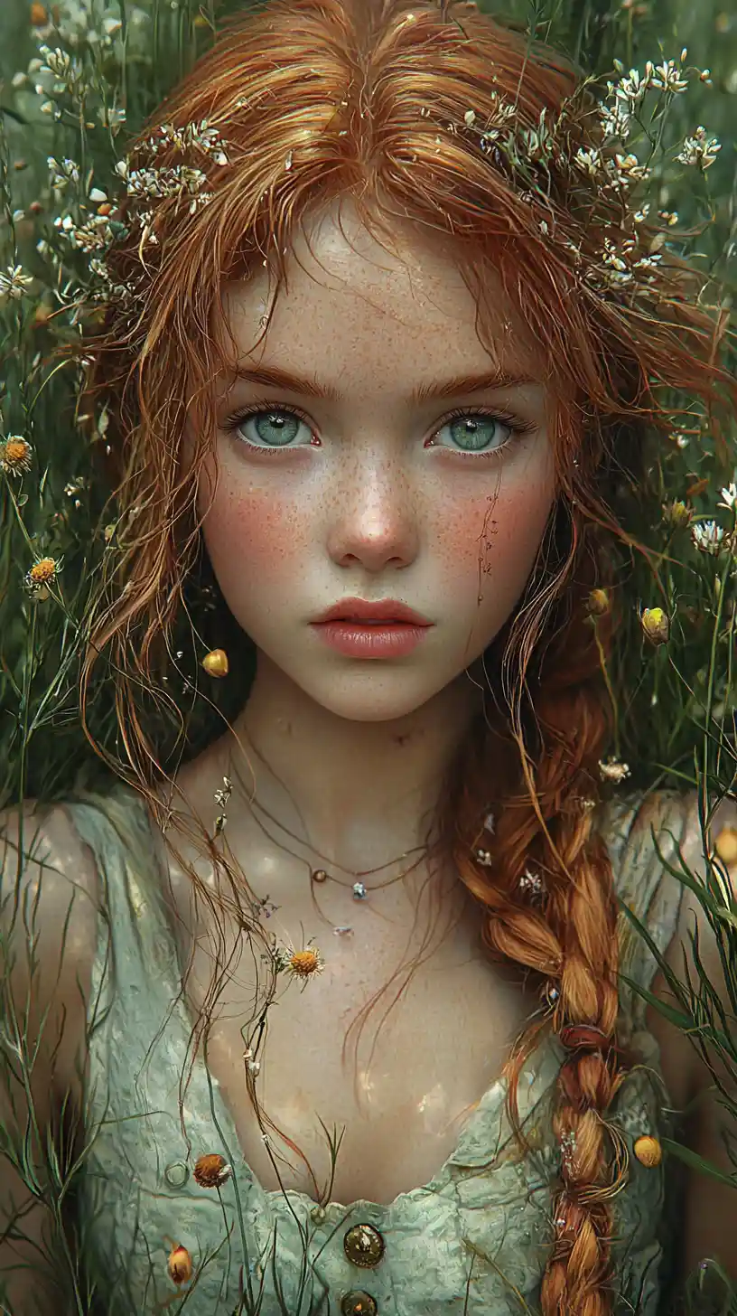Cute girl in green dress holding a dandelion