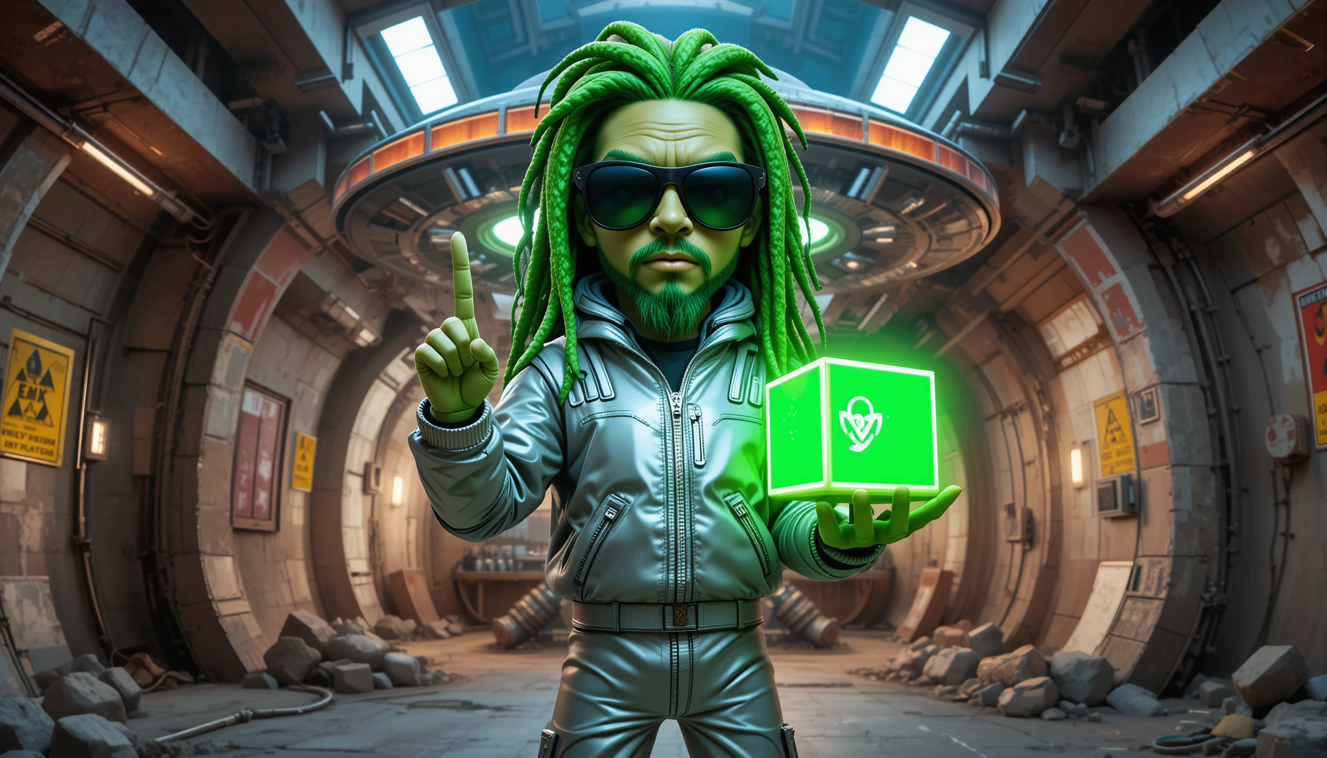 Cool alien in silver spacesuit holding glowing neon cube