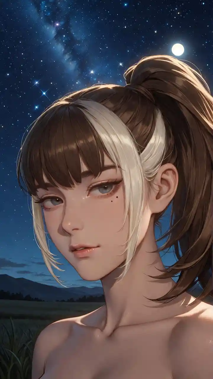 Fille d’anime confiante sous un ciel de campagne illuminé par la lune