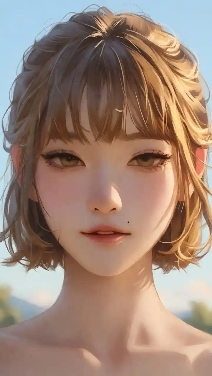 Sweet anime girl under a clear dawn sky outdoors