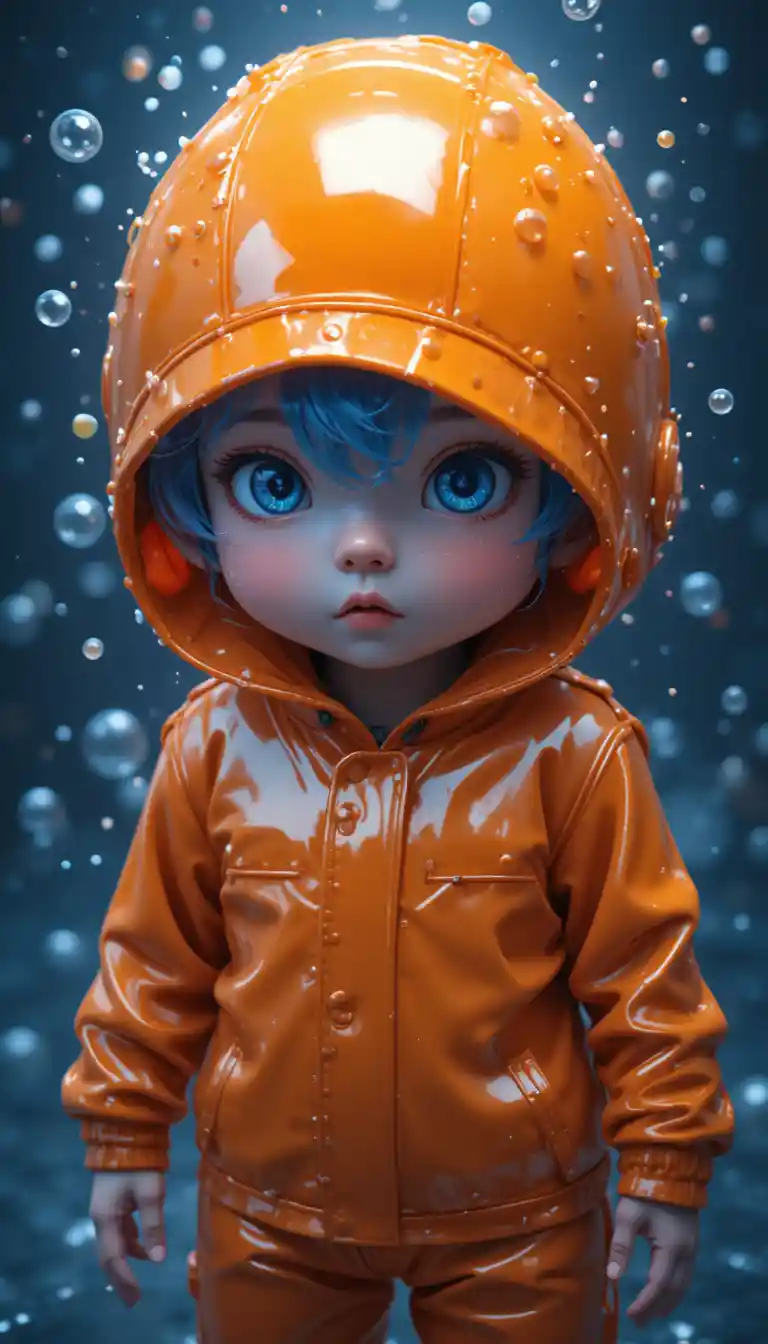 Young kid in orange rain suit in dark underwater scene
