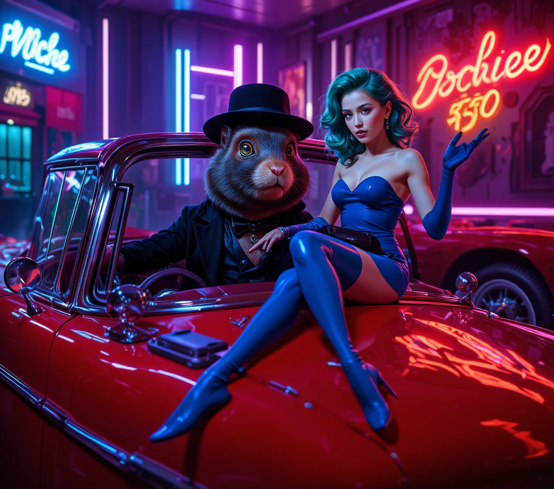 Anthropomorphic rabbit driving a red vintage car in nightclub