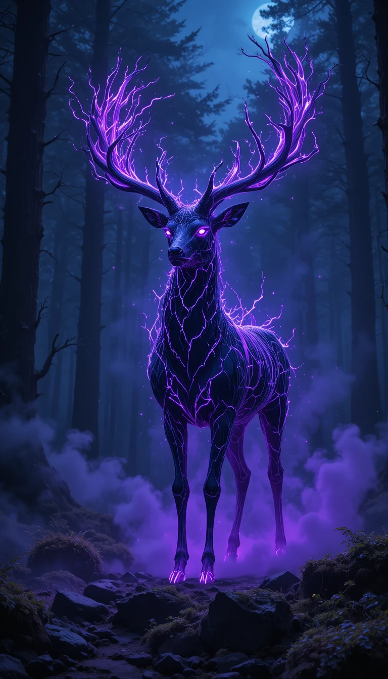 Spectral deer spirit glowing in a dark misty forest