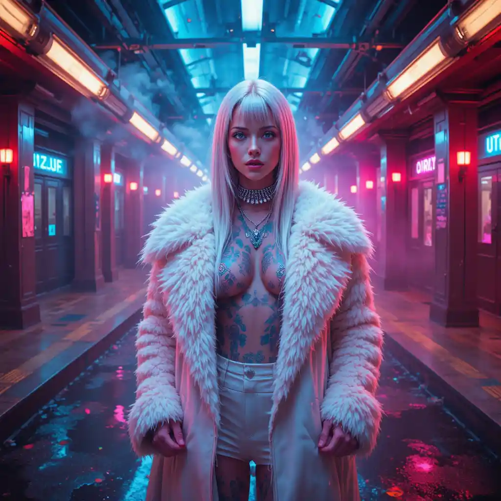 Mulher de moda cyberpunk em cenário de metrô neon para filme