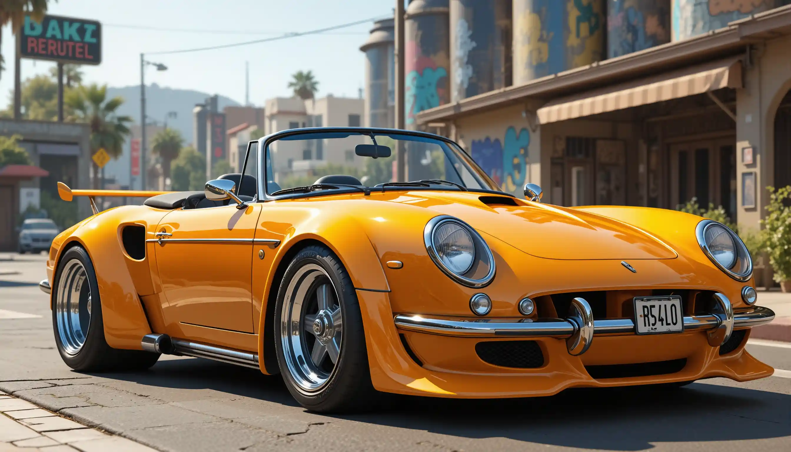 Pixar style cabriolet sports car outside sunny LA brewery