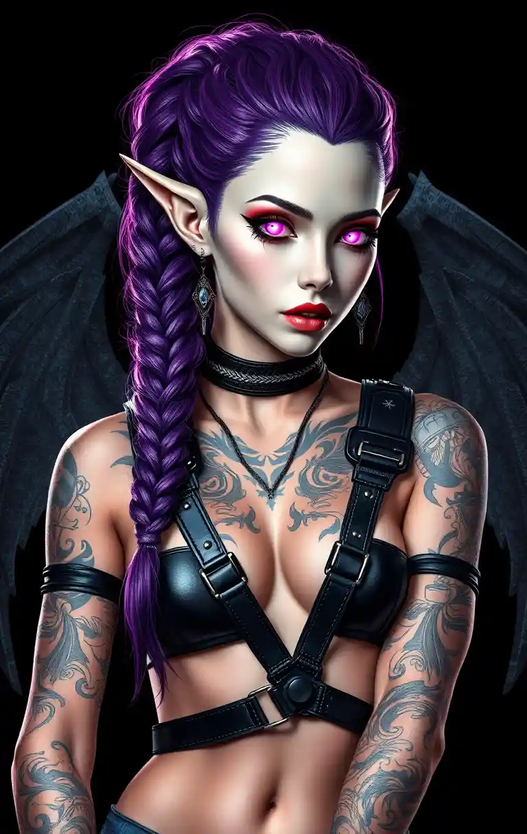 Tattooed fantasy woman with glowing pink eyes